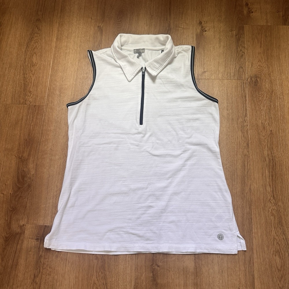 T By Talbots White And Black Active Sleeveless Polo Zip‎ Top Size Small